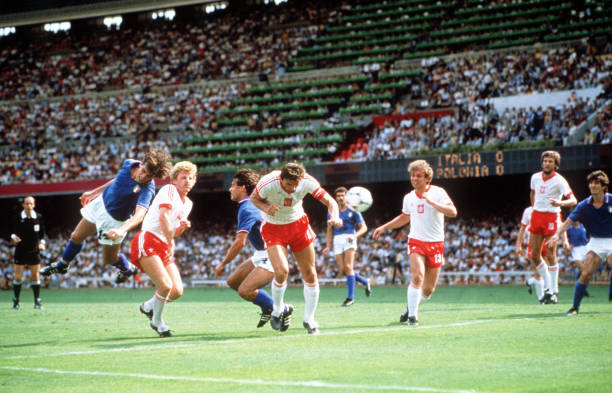 World Cup Finals, Semi-Final, Barcelona, Spain, 8th July Italy 2 v Poland 0, Italy's Marco Tardelli throws himself toward the ball in the Polish...