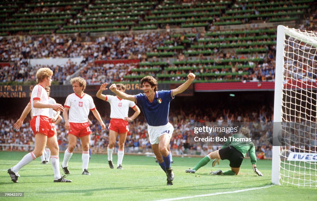 1982 World Cup Finals. Semi-Final. Barcelona, Spain. 8th July, 1982. Italy 2 v Poland 0. Italy's Paolo Rossi celebrates after scoring the opening goal against Poland.