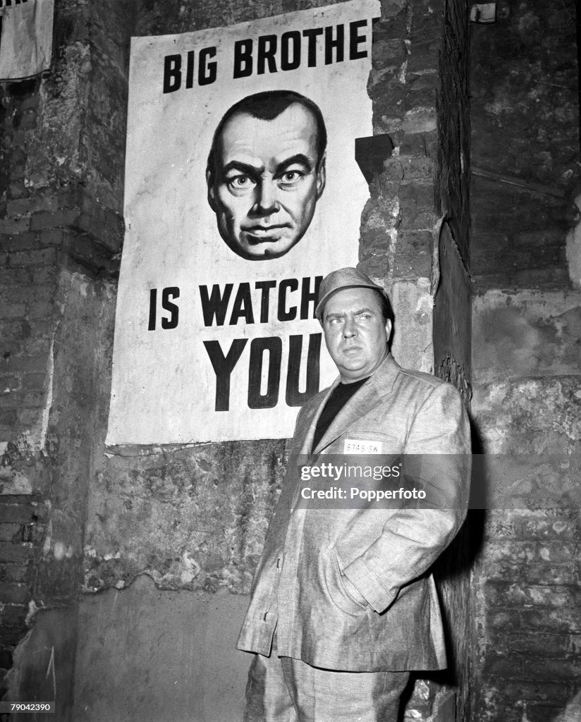 Stepney, London, England. 1955. American actor Edmund O'Brien is pictured in a scene from the film "1984", based on the book by George Orwell.