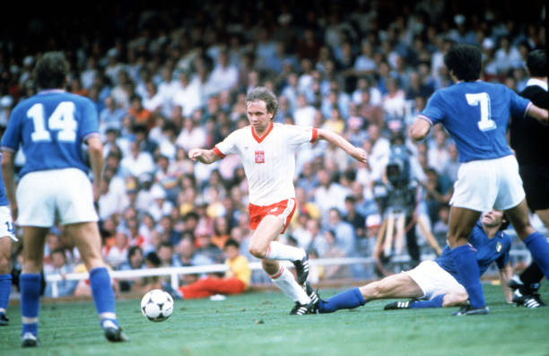 World Cup Finals, Semi-Final, Barcelona, Spain, 8th July Italy 2 v Poland 0, Italy's Gabriele Oriali is beaten by Poland's Andrzej Buncol