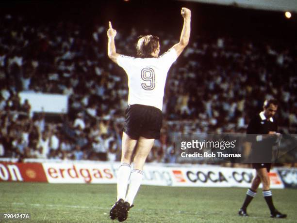 World Cup Finals, Semi-Final, Seville, Spain, 8th July West Germany 3 v France 3, , West Germany's Horst Hrubesch celebrates after he scored the...