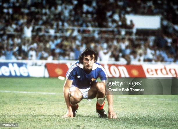 World Cup Finals, Semi-Final, Seville, Spain, 8th July West Germany 3 v France 3, , France's Maxime Bossis sinks to his knees after missing his...