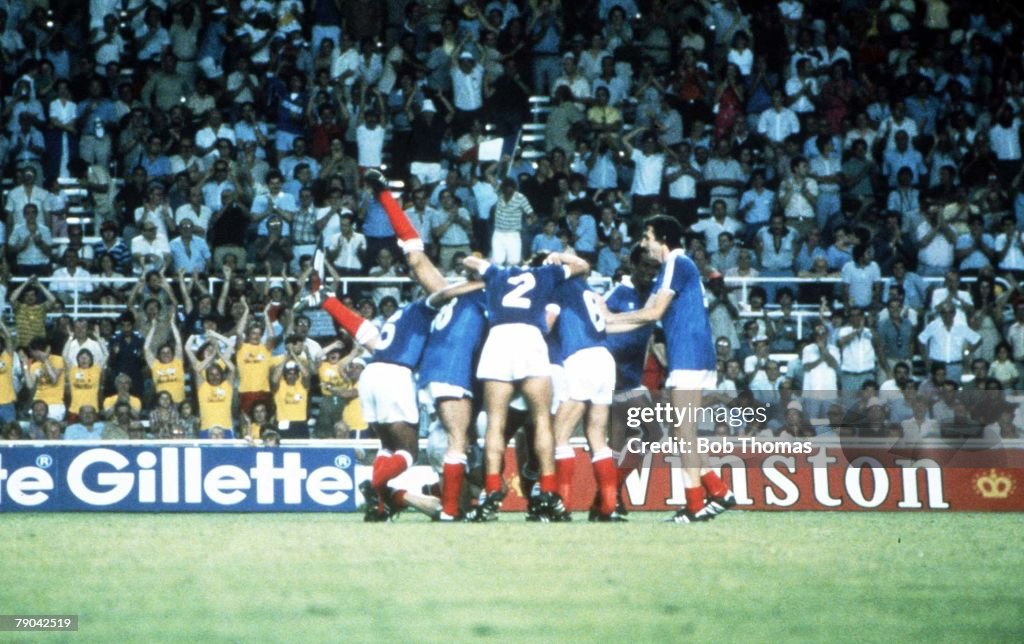 1982 World Cup Finals. Semi-Final. Seville, Spain. 8th July, 1982. West Germany 3 v France 3. (W. Germany win on penalties). French players celebrate their second goal, scored by Marius Tresor.