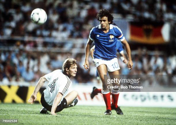 World Cup Finals, Semi-Final, Seville, Spain, 8th July West Germany 3 v France 3, , West Germany's Karl Heinz Foerster is beaten by France's Michel...