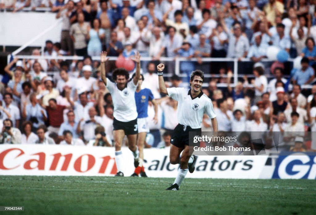 1982 World Cup Finals. Semi-Final. Seville, Spain. 8th July, 1982. West Germany 3 v France 3. (W. Germany win on penalties). West Germany's Pierre Littbarski (R) celebrates after he scored his team's first goal.