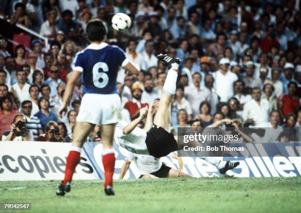 World Cup Finals, Semi-Final, Seville, Spain, 8th July West Germany 3 v France 3, , West Germany's Klaus Fischer scores his team's third goal to...