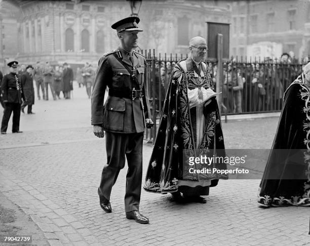 Politics, 10th April 1945, Westminster Abbey, London, England, The Duke of Beaufort, representing King George VI, arrives at the Cathedral for the...