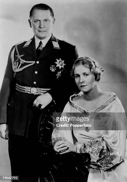 Germany, circa 1936, German Luftwaffe chief Hermann Goering, who became Adolf Hitler's deputy, is pictured with his second wife Emmy who he married...