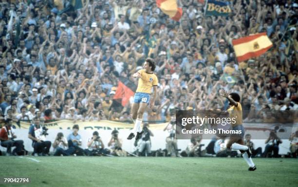 World Cup Finals, Seville, Spain, 18th June Brazil 4 v Scotland 1, Brazil's Zico leaps for joy after scoring against Scotland