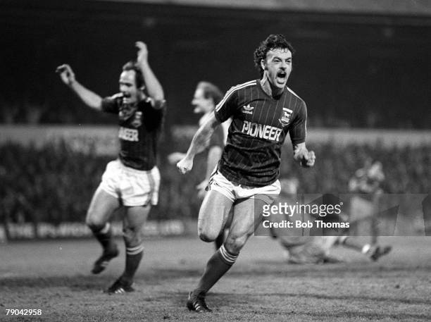 Football, English League Cup 5th Round, Ipswich, England, 18th January 1982, Ipswich Town 2 v Watford 1, Ipswich's John Wark celebrates after scoring...