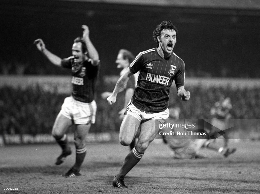 Football. English League Cup 5th Round. Ipswich, England. 18th January 1982. Ipswich Town 2 v Watford 1. Ipswich's John Wark celebrates after scoring the first goal.