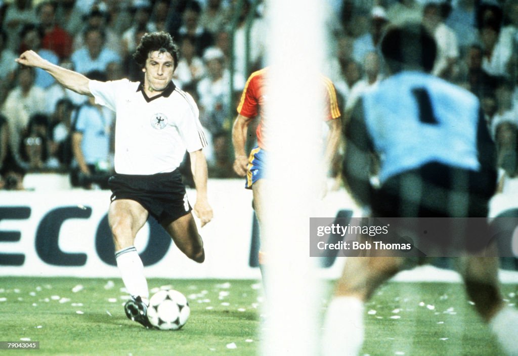 1982 World Cup Finals. Second Phase. Madrid, Spain. 2nd July, 1982. Spain 1 v West Germany 2. West Germany's Klaus Fischer scores the second goal past Spanish goalkeeper Luis Arconada.