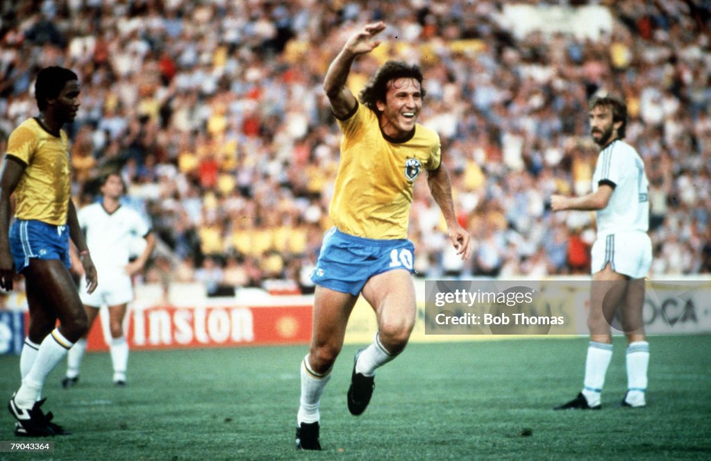 1982 World Cup Finals. Seville, Spain. 23rd June, 1982. Brazil 4 v New Zealand 0. Brazil's Zico (10) celebrates after scoring the first goal.