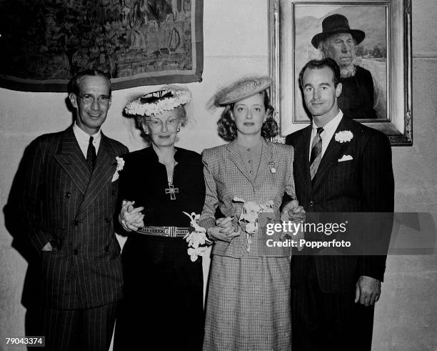 Cinema Personalities, pic:1945, American film actress Bette Davis is pictured at her wedding with her third husband William Grant Sherry, Also...