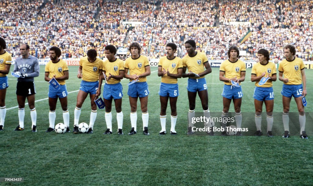 1982 World Cup Finals. Seville, Spain. 23rd June, 1982. Brazil 4 v New Zealand 0. The Brazilian team line up before the match