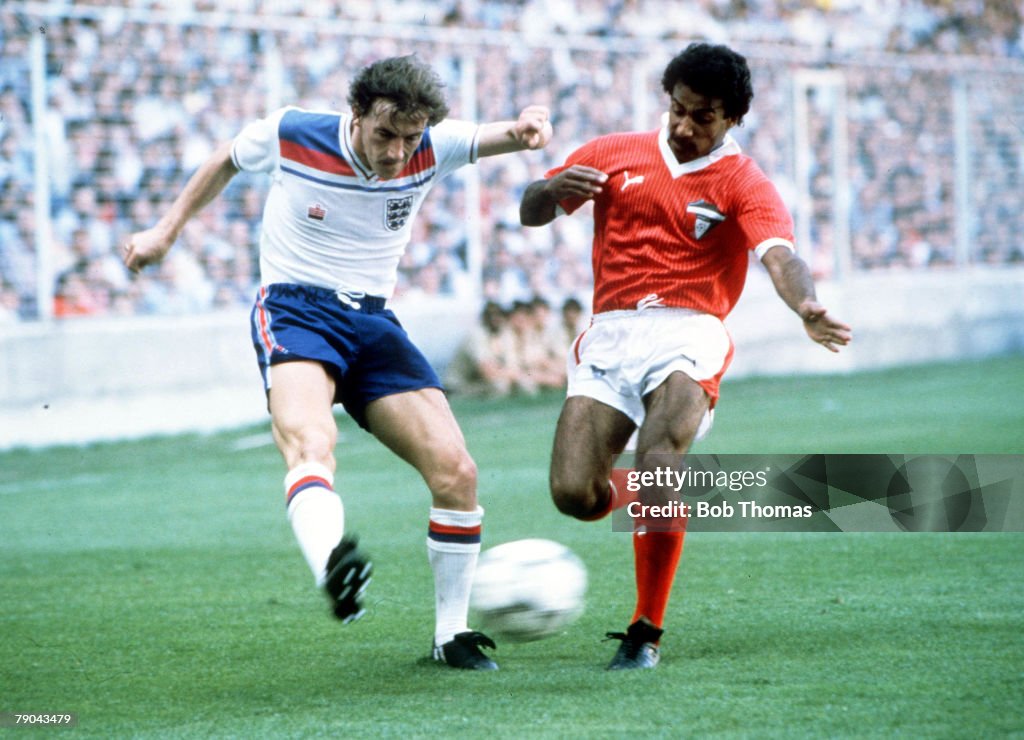 1982 World Cup Finals. Bilbao, Spain. 25th June, 1982. England 1 v Kuwait 0. England's Steve Coppell crosses the ball past Kuwait's Waleed Jasem