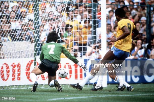 World Cup Finals, Second Phase, Barcelona, Spain, 2nd July Brazil 3 v Argentina 1, Brazil's Zico hidden by Serginho follows up Eder's free-kick to...