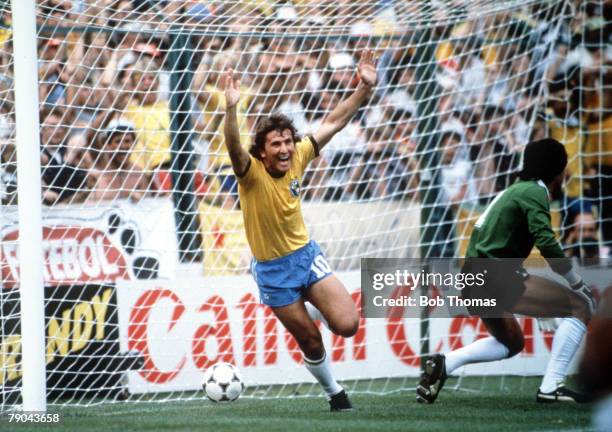 World Cup Finals, Second Phase, Barcelona, Spain, 2nd July Brazil 3 v Argentina 1, Brazil's Zico celebrates scoring his side's first goal past...