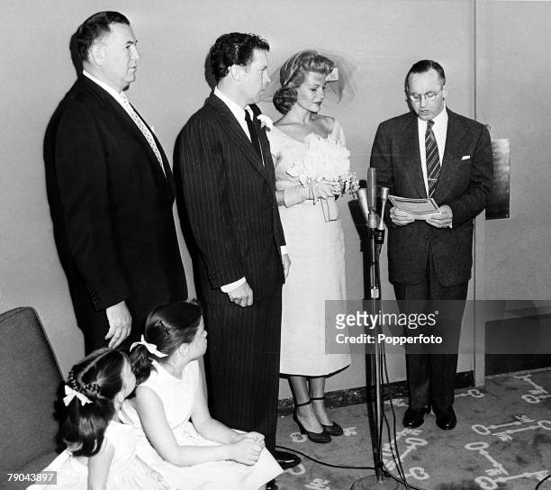 Entertainment, USA, 24th September 1953, Actress Rita Hayworth marries her fourth husband Singer Dick Haymes at the Sands Hotel, Standing next to the...