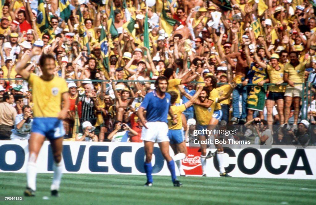 1982 World Cup Finals. Second Phase. Barcelona, Spain. 5th July, 1982. Italy 3 v Brazil 2. Brazilian players celebrates after Socrates scored their first goal.