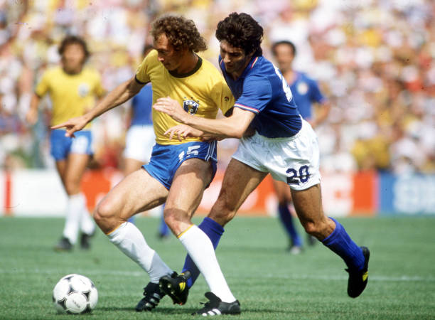 World Cup Finals, Second Phase, Barcelona, Spain, 5th July Italy 3 v Brazil 2, Brazil's Falcao is challenged by Italy's Paolo Rossi
