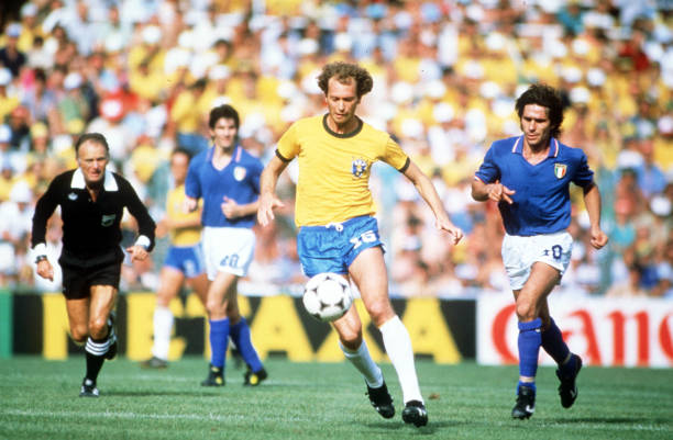 World Cup Finals, Second Phase, Barcelona, Spain, 5th July Italy 3 v Brazil 2, Brazil's Falcao is chased by Italy's Bruno Conti
