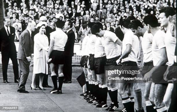 World Cup Finals Wembley, England, 11th July, 1966 England 0 v Uruguay 0, The Uruguayan team are presented to Her Majesty Queen Elizabeth II before...