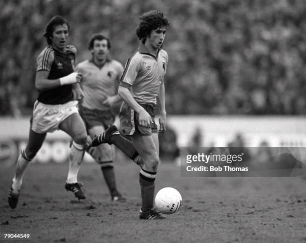 Football, FA Cup 4th Round, Watford, England, 23rd January 1982, Watford 2 v West Ham United 0, Watford's Nigel Callaghan is chased for the ball by...