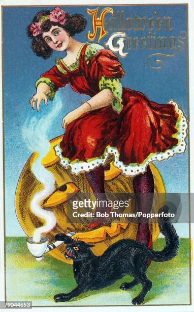 Colour illustration, Halloween card, circa 1915, Young woman, pumpkin, black cat and smoking pipe