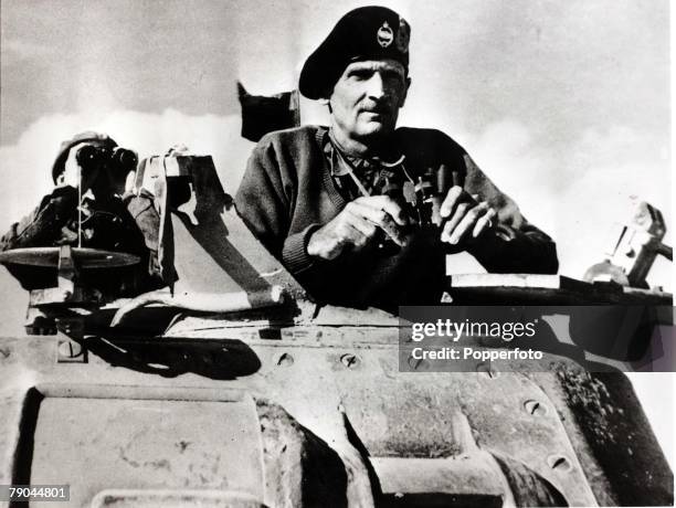 World War II, General Bernard Montgomery pictured in a turret of a tank during the advance on El Alamein during the Middle East fighting, circa 1942