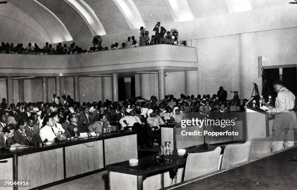 Politics, Colonel Nasser of Egypt speaking at the Bandung conference, 18th April 1955