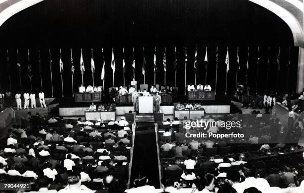 Politics, President Sukarno of Indonesia adressing the opening session of the Bandung conference, 1955