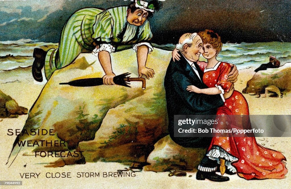 Postcards. Circa 1910. A colour illustration of a mature man sitting holding a younger woman on his lap whilst sitting on some rocks on a beach, also pictured is his mature wife kneeing on top of a large rock after having caught him being unfaithful.