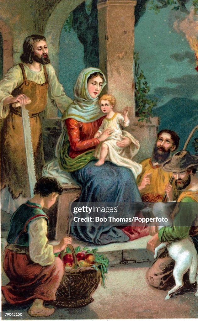 Colour illustration. (card produced circa 1920) Religion. Biblical scenes. The Nativity. Bethlehem. The Virgin Mary, Joseph and the baby Jesus visited by the three wise men.