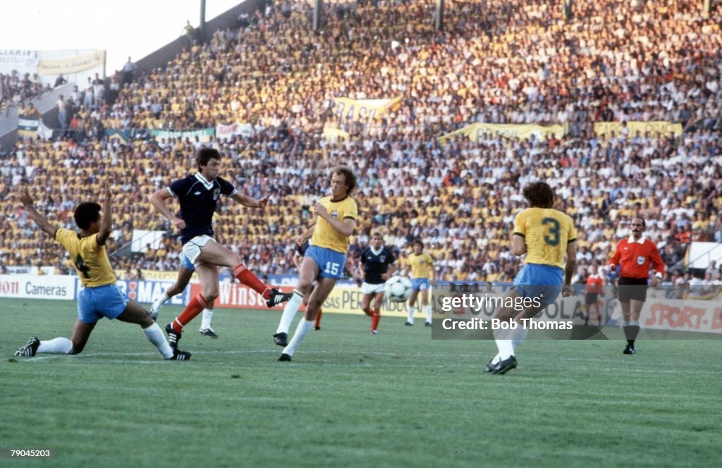 1982 World Cup Finals. Seville, Spain. 18th June, 1982. Brazil 4 v Scotland 1. Scotland's David Narey scores to give Scotland a shock lead.