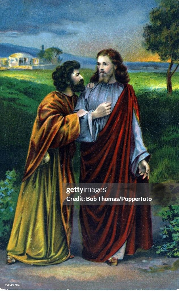 Colour illustration. (card produced circa 1920) Religion. Biblical scenes. Jesus Christ and the traitor Judas Iscariot.