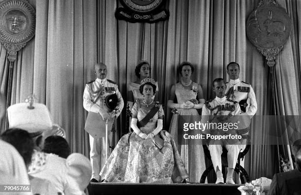 Royal Tour, Ceylon Queen Elizabeth II sits on the dais with The Duke of Edinburgh as she opens the third session of the Second Parliament of Ceylon,...