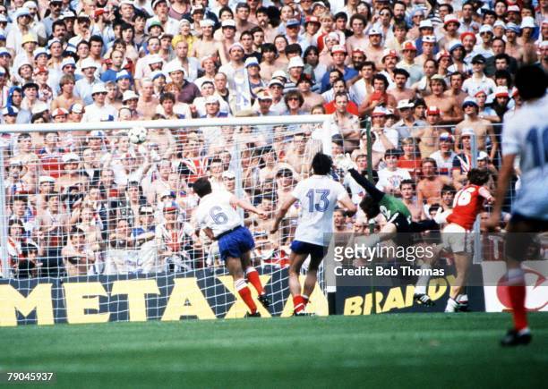 World Cup Finals, Bilbao, Spain, 16th June England 3 v France 1, England's Bryan Robson beats France's goalie Jean Luc Ettori to score England's...