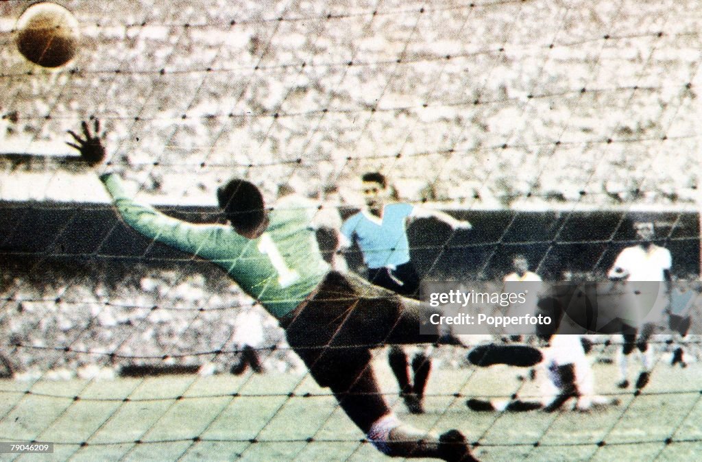 World Cup Final, 1950. Brazil. Maracana Stadium, Rio De Jainero. Brazil 1 v Uruguay 2. 16th July, 1950. Juan Schiaffino scores Uruguay's first goal past Brazilian keeper Barbosa.