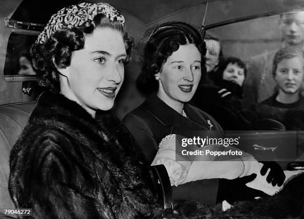 British Royalty. England. pic: 1954. H.R.H.Princess Margaret (left) pictured after the christening of the daughter of her former lady-in-waiting Jennifer Bevan, now Mrs. John Lowther. British Royalty. England. pic: 1954. H.R.H.Princess Margaret (left) pictured after the christening of the daughter of her former lady-in-waiting Jennifer Bevan, now Mrs. John Lowther.
