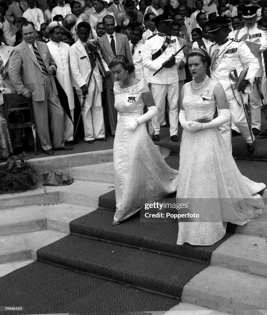 Royal Tour. Ceylon. 1954. The Ladies in waiting to Queen Elizabeth II, Lady Pamela Mountbatten and Lady Alice Egerton, are pictured leaving after the opening of Parliament at Freedom Hall, Colombo.