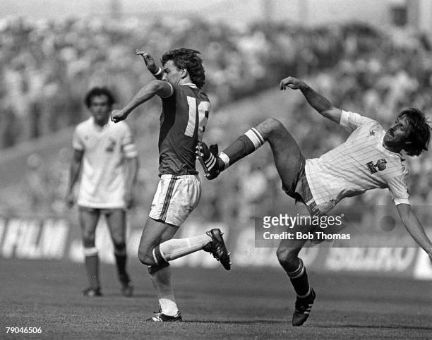 Football, 1982 World Cup Finals, Bilbao, Spain, 16th June 1982, England 3 v France 1, England's Bryan Robson receives a kick in the back from...