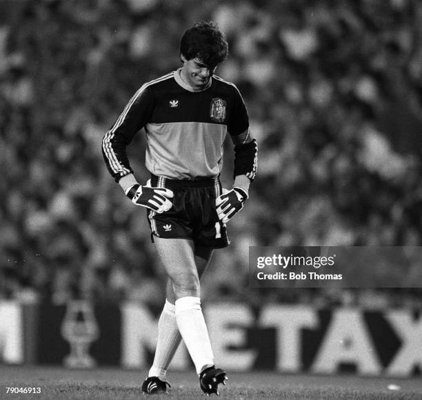 Football, 1982 World Cup Finals, Valencia, Spain, 25th June 1982, Spain 0 v Northern Ireland 1, Spanish goalkeeper Luis Arconada looks down in...