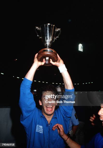 Football, UEFA Cup Winners Cup Final, Gothenburg, Sweden, 10th May 1990, Sampdoria 2 v Anderlecht 0 , Sampdoria's two-goal hero Gianluca Vialli holds...