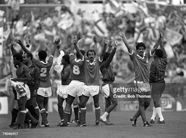 Football, 1982 World Cup Finals, Bilbao, Spain, 25th June 1982, England 1 v Kuwait 0, The Kuwait team waves to an appreciative crowd as they are...
