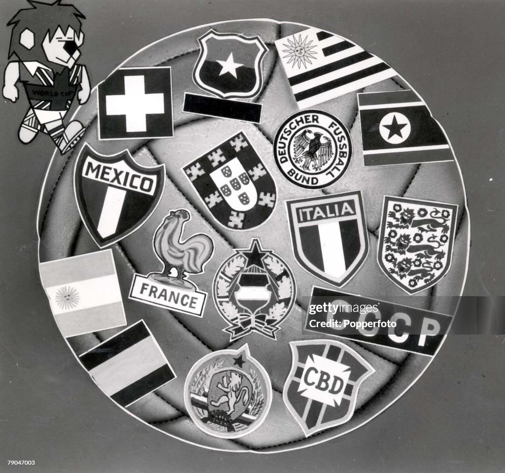 World Cup Finals, 1966. England. A poster shows the badges of all sixteen nations participating in the 1966 tournament. Top left is the tournament's mascot World Cup Willie.