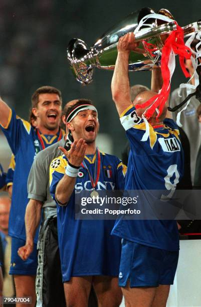 Football, UEFA Champions League Final, Rome, Italy, 22nd May 1996, Juventus 1 v Ajax 1 , Juventus captain Gianluca Vialli holds the trophy aloft as...