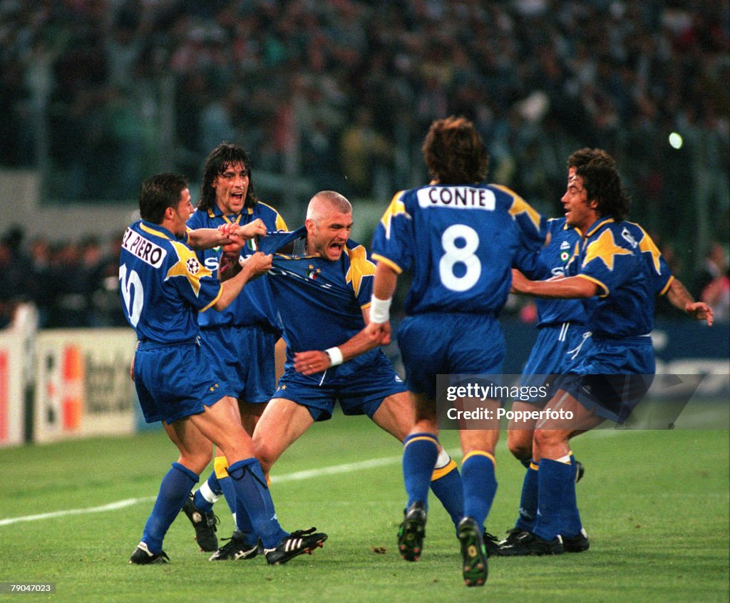 Football. UEFA Champions League Final. Rome, Italy. 22nd May 1996. Juventus 1 v Ajax 1 (after extra time, Juventus win 4-2 on penalties). Fabrizio Ravanelli of Juventus (centre) celebrates with his team-mates after scoring his sides goal.
