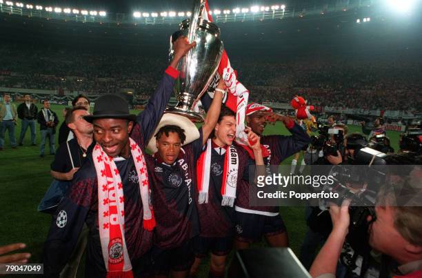 Football, UEFA Champions League Final, Vienna, Austria, 24th May 1995, Ajax 1 v AC Milan 0, Members of the Ajax team celebrate with the trophy as...