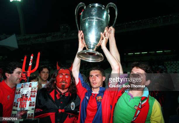 Football, UEFA Champions League Final, Athens, Greece, 18th May 1994, AC Milan 4 v Barcelona 0, AC Milan's Daniele Massaro holds the trophy aloft